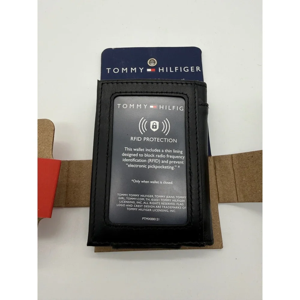 Tommy Hilfiger‎ Mens Micro Duofold Magnetic Wallet Black Leather RFID Slim New